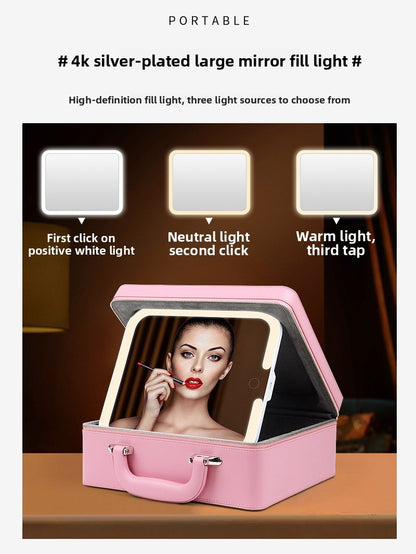 Large capacity makeup bag with mirror and lamp